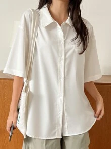 DAZY Solid Button Front Drop Shoulder Shirt - White - View 9