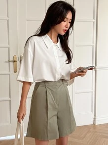 DAZY Solid Button Front Drop Shoulder Shirt - White - View 7