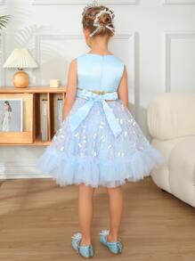 小女童亮片拼接網紗邊連衣裙 - 淺藍色 - 查看 2