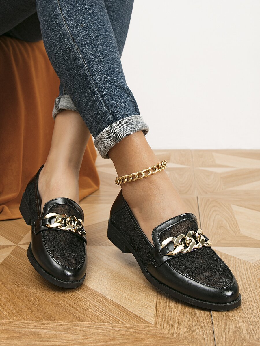 Chain Decor Flat Loafers - Black - View 1