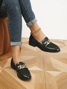 Chain Decor Flat Loafers - Black - View 4
