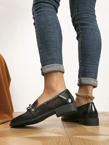 Chain Decor Flat Loafers - Black - View 5