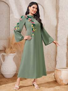 Al Najma Floral Embroidery Mock Neck Trumpet Sleeve Dress - Mint Green - View 1