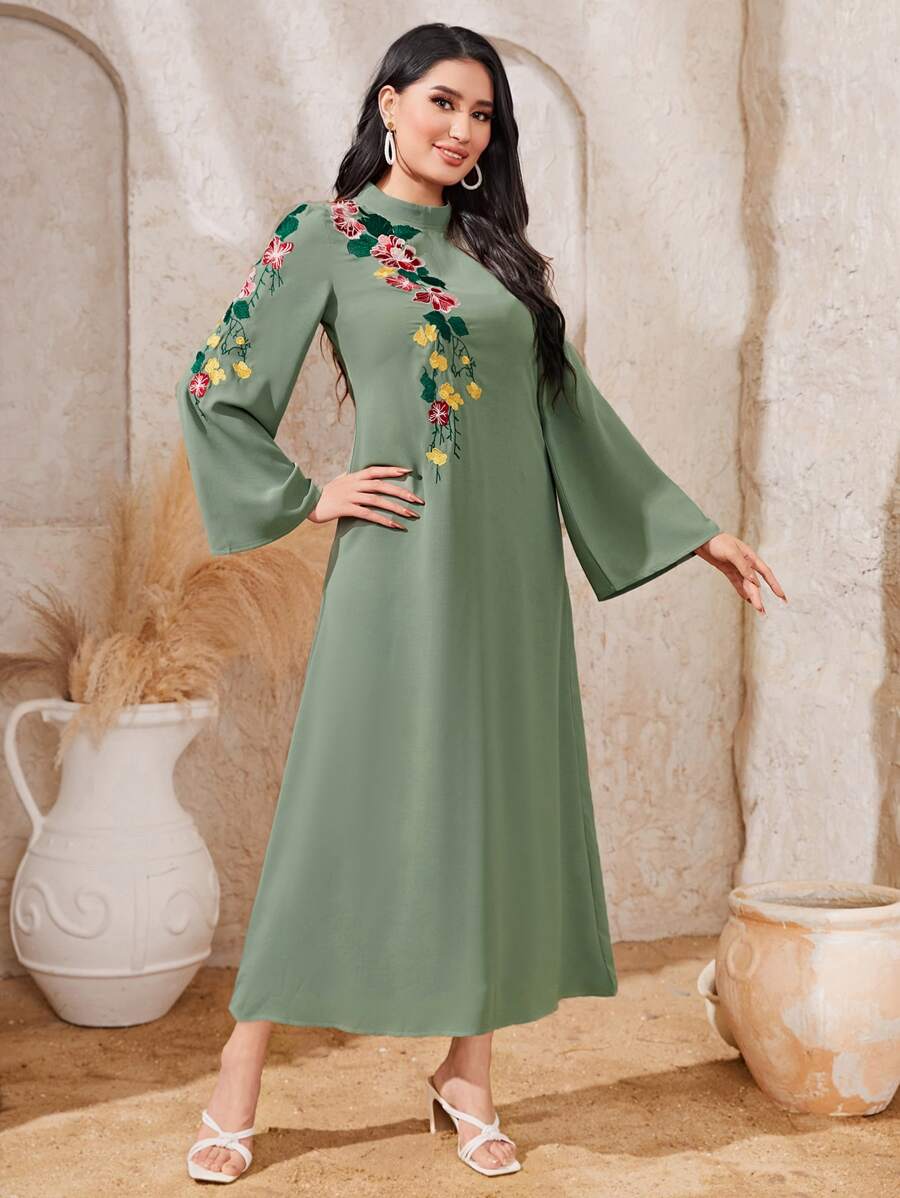 Al Najma Floral Embroidery Mock Neck Trumpet Sleeve Dress - Mint Green - View 1