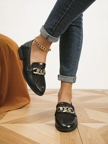 Chain Decor Flat Loafers - Black - View 7