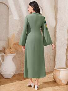 Al Najma Floral Embroidery Mock Neck Trumpet Sleeve Dress - Mint Green - View 2