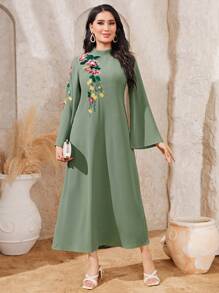 Al Najma Floral Embroidery Mock Neck Trumpet Sleeve Dress - Mint Green - View 3