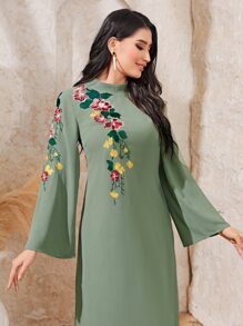 Al Najma Floral Embroidery Mock Neck Trumpet Sleeve Dress - Mint Green - View 4