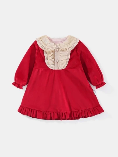 Peninsula Baby Baby Girls' Winter Warm Peter Pan Collar Long Sleeve Dress In Soft Style