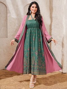 Al Najma Floral Print Halter Dress & Open Front Coat - Multicolor - View 1