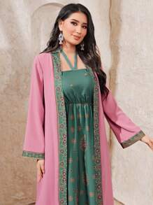 Al Najma Floral Print Halter Dress & Open Front Coat - Multicolor - View 3