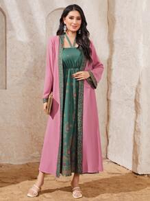 Al Najma Floral Print Halter Dress & Open Front Coat - Multicolor - View 5