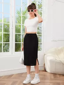 SHEIN Leap Crew Teen Girls Knot Front Split Hem Ribbed Knit Skirt - Black - View 5