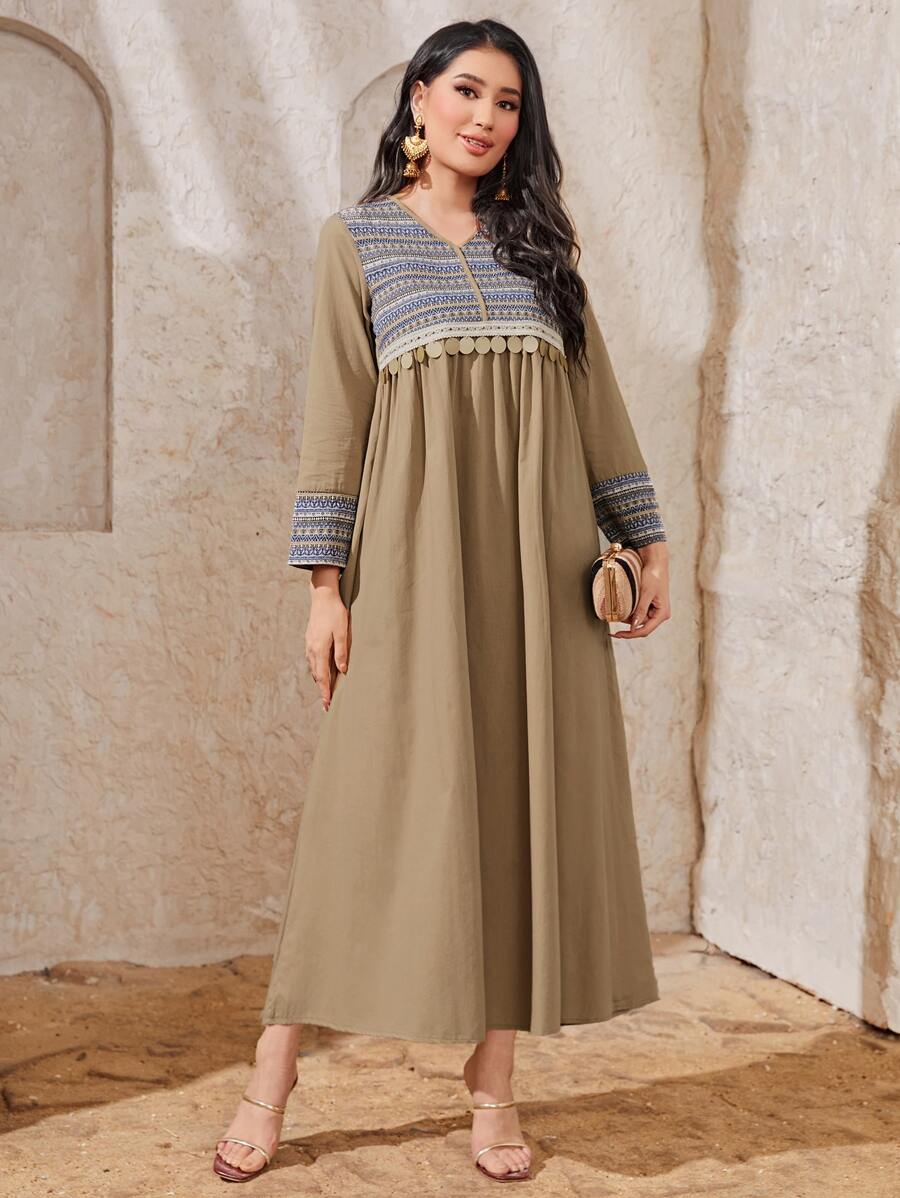 Al Najma Vestido estilo smock con estampado geométrico y flecos, modesto - Caqui - Ver 1