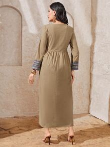 Al Najma Vestido estilo smock con estampado geométrico y flecos, modesto - Caqui - Ver 2