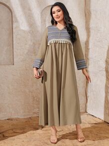 Al Najma Vestido estilo smock con estampado geométrico y flecos, modesto - Caqui - Ver 5