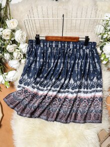 SHEIN Holidaya Plus Allover Print Elastic Waist Skirt - Navy Blue - View 1