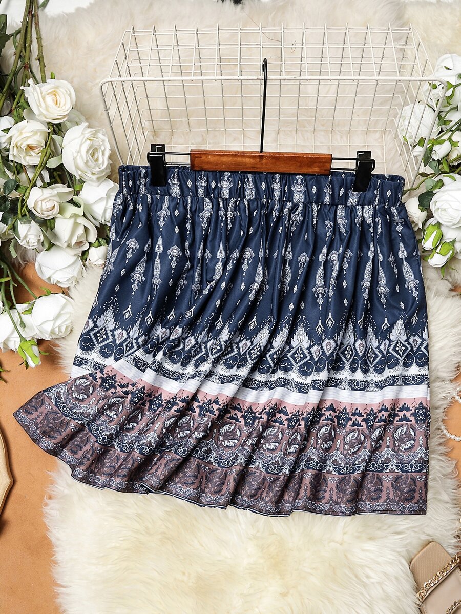 SHEIN Holidaya Plus Allover Print Elastic Waist Skirt - Navy Blue - View 1