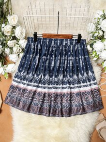 SHEIN Holidaya Plus Allover Print Elastic Waist Skirt - Navy Blue - View 2