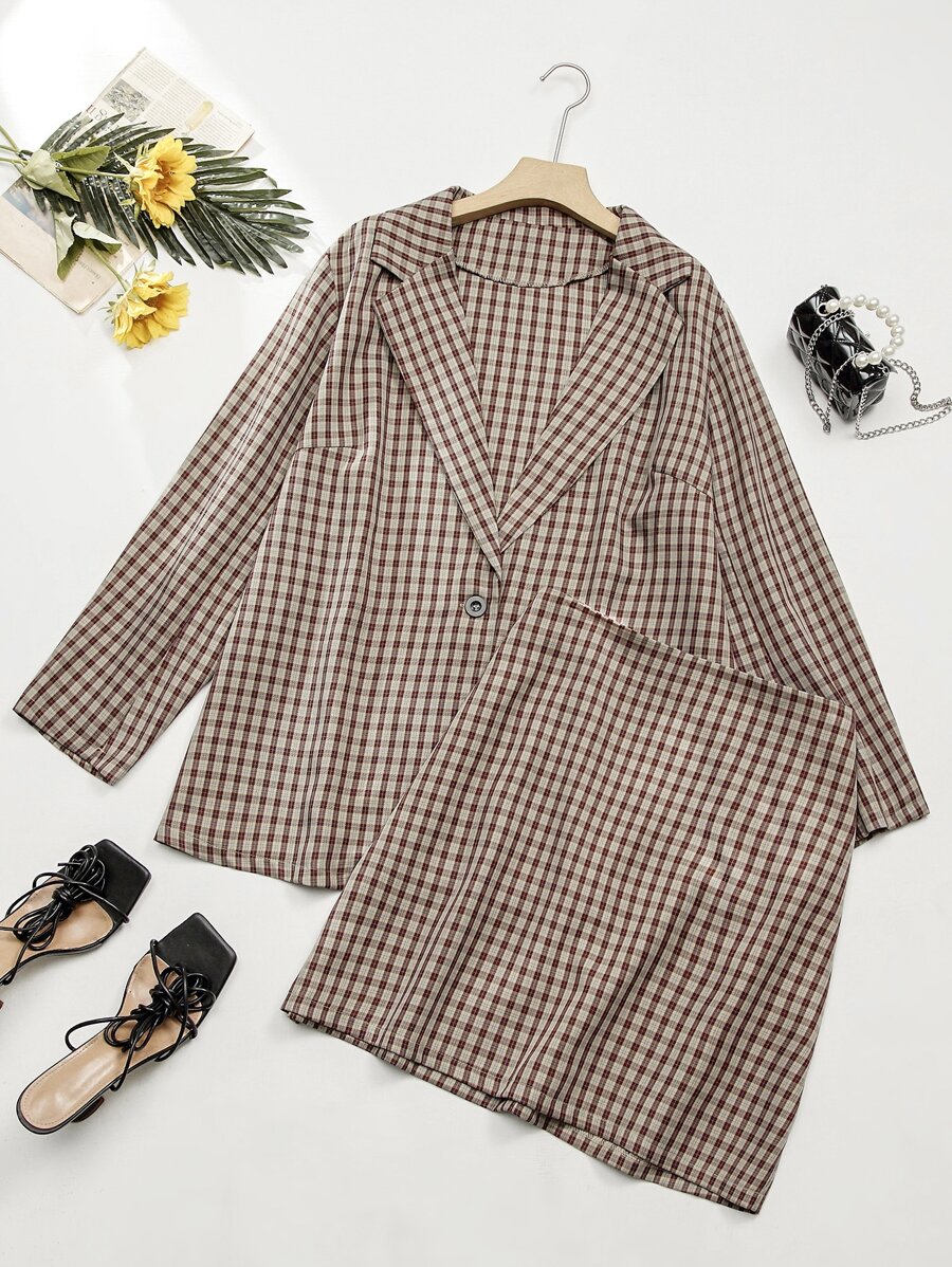 SHEIN LUNE 大碼格紋西裝領西裝外套和裙子