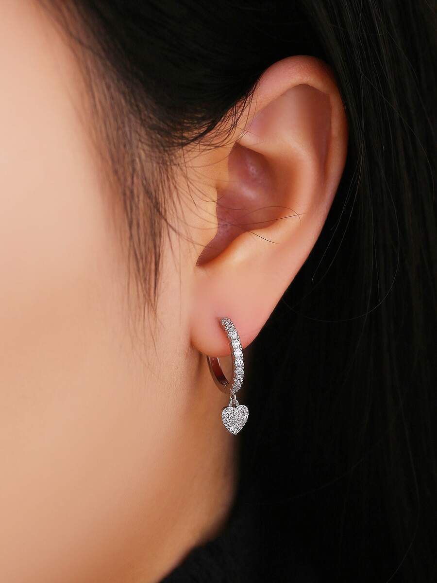 2pcs Cubic Zirconia Heart Drop Earrings - Silver - View 1