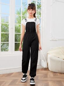 SHEIN 青少年女孩字母圖案翻蓋口袋背帶連身褲不帶T恤 - 黑色 - 查看 3
