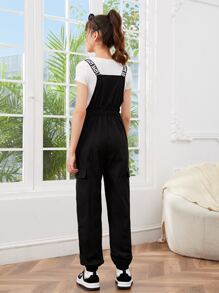 SHEIN 青少年女孩字母圖案翻蓋口袋背帶連身褲不帶T恤 - 黑色 - 查看 2