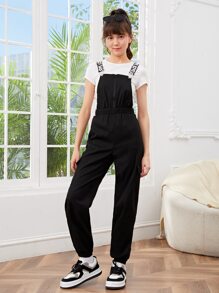 SHEIN 青少年女孩字母圖案翻蓋口袋背帶連身褲不帶T恤 - 黑色 - 查看 4