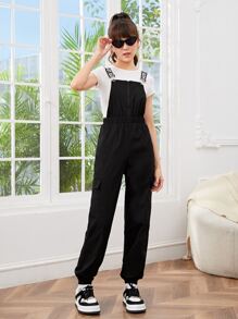 SHEIN 青少年女孩字母圖案翻蓋口袋背帶連身褲不帶T恤 - 黑色 - 查看 5