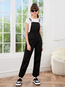 SHEIN 青少年女孩字母圖案翻蓋口袋背帶連身褲不帶T恤 - 黑色 - 查看 6