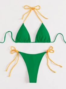 Triangle Tie Side Summer Beach Bikini Set - Green - View 3