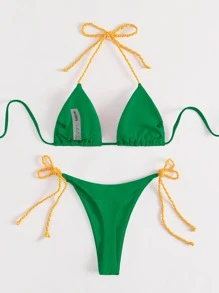 Triangle Tie Side Summer Beach Bikini Set - Green - View 4