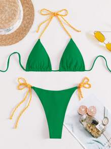 Triangle Tie Side Summer Beach Bikini Set - Green - View 7