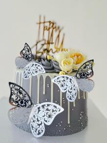 12pcs Paper Cake Topper, Modern Butterfly Design Cake Top Decoration For Party - Silver - View 4
