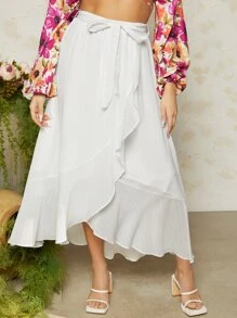SHEIN VCAY Falda ribete con fruncido con cinturón bajo cruzado - Blanco - Ver 1