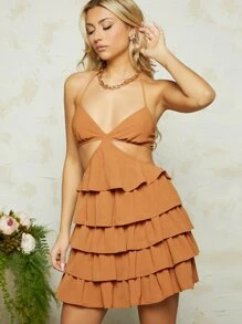 SHEIN VCAY Cut Out Tie Backless Layered Hem Cami Dress - Orange - View 1