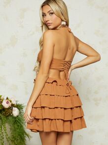 SHEIN VCAY Cut Out Tie Backless Layered Hem Cami Dress - Orange - View 2