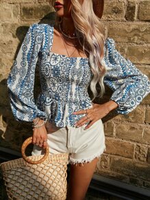 SHEIN LUNE Floral Print Square Neck Lantern Sleeve Peplum Blouse - Multicolor - View 3