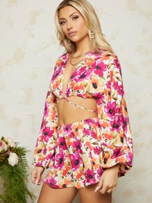 SHEIN VCAY Floral Print Tie Back Crop Top & Shorts - Multicolor - View 1