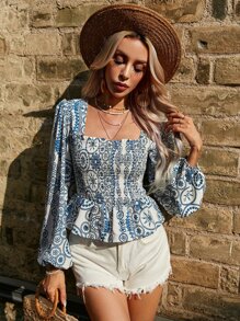 SHEIN LUNE Floral Print Square Neck Lantern Sleeve Peplum Blouse - Multicolor - View 6