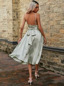 GENKIRA Solid Zip Back Satin Cami Dress - Mint Green - View 2