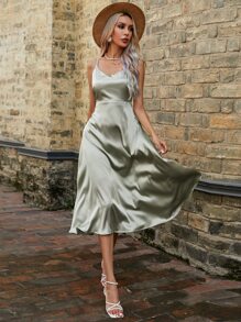 GENKIRA Solid Zip Back Satin Cami Dress - Mint Green - View 3
