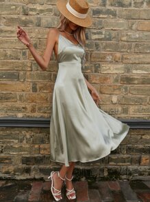 GENKIRA Solid Zip Back Satin Cami Dress - Mint Green - View 5
