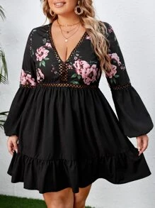 SHEIN VCAY Plus Floral Print Guipure Lace Insert Lantern Sleeve Ruffle Hem Dress - Black - View 1