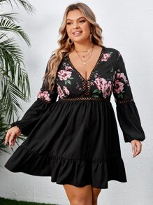 SHEIN VCAY Plus Floral Print Guipure Lace Insert Lantern Sleeve Ruffle Hem Dress - Black - View 6