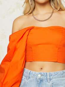 SHEIN VCAY Neon Orange One Shoulder Lantern Sleeve Crop Top - Orange - View 4