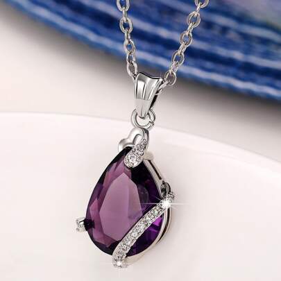 Cubic Zirconia Water-drop Pendant Necklace