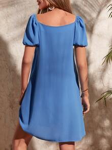 SHEIN LUNE Solid Puff Sleeve Fold Pleated Detail Dress - Blue - View 3
