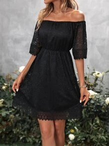 SHEIN Privé Vestido de hombros descubiertos con encaje - Negro - Ver 4