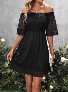 SHEIN Privé Vestido de hombros descubiertos con encaje - Negro - Ver 5